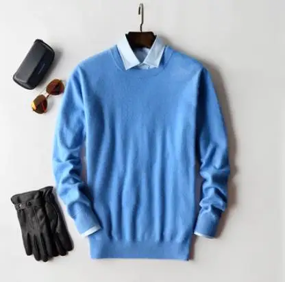 sky blue o-neck Кашемировый хлопковый смешанный пуловер и свитер для мужчин осень зима теплая одежда джемпер hombre robe pull homme hiver вязаный свитер - Цвет: sky blue o-neck