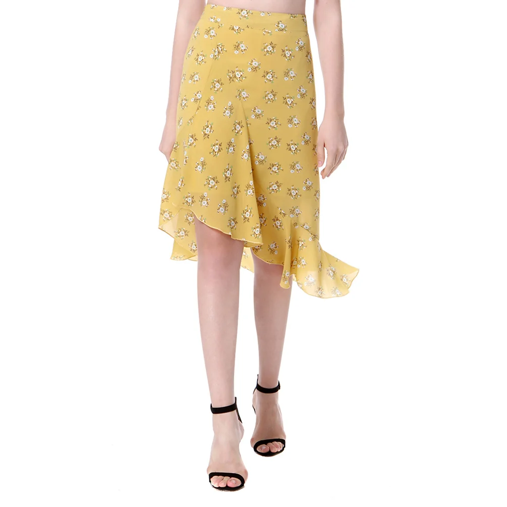2020 Ретро Для женщин шифоновая юбка с цветочным принтом Асимметричная оборкой