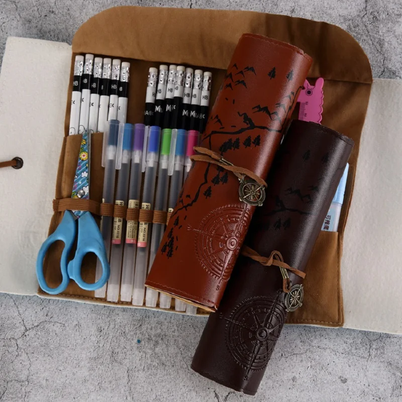 

2019 New Roll Pencil Bag PU Leather Pencil Holder Classical Pen Bag Stationery Tools Pouch Treasure Map Pens Organizer Gift B