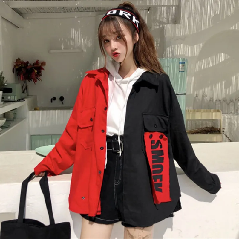 Harajuku джинсовая куртка женская 2019 корейский стиль лоскутные однобортные