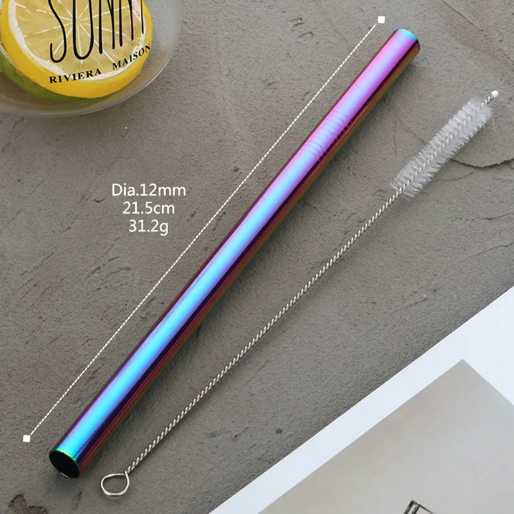12mm Rainbow 100pcs 100 шт соломинки из нержавеющей стали, пузырьковый чай, диаметр 12 мм/10 мм, многоразовая соломинка для питья, молочный чай, радужная металлическая соломинка с кистью - Цвет: 12mm Rainbow 100pcs