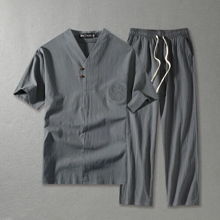 

Big men linen Tops&Tees sets plus size M-9XL V neck Men's T Shirt Male Tshirts T-shirt Chinese style two-piece suits 5 colors