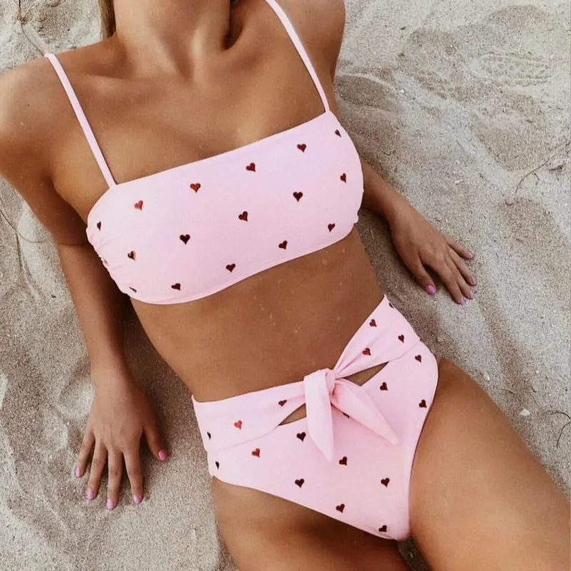 

Sexy Pink Bikinis 2019 Mujer Love High Waisted Bikini Bandeau Separate Swimsuit May Women Swimwear Female Tankini Swimming Suit