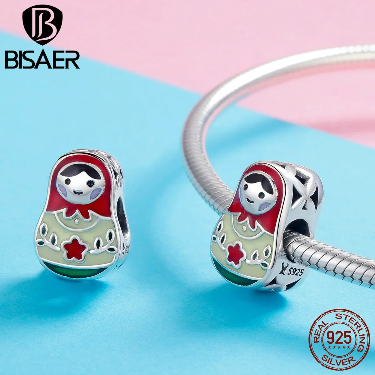 BISAER, 925 пробы, серебряный дизайн, русские Матрешки, эмаль, Шарм для женщин, ювелирное изделие, этническая память, подарки для девочек GXC1086