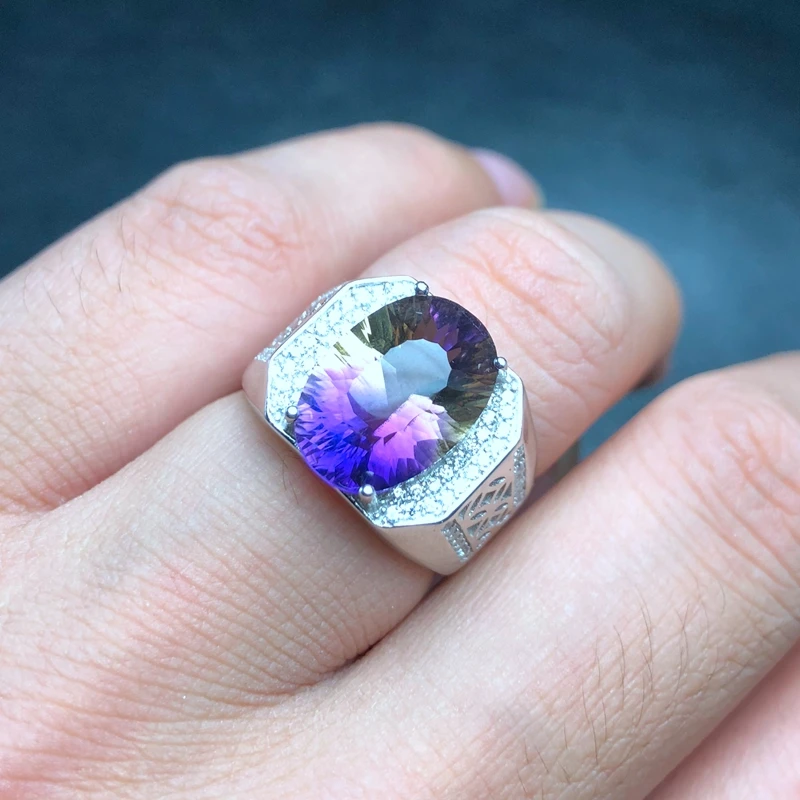 Simple atmospheric style, natural ametrine ring, beautiful color, two-color fire, 925 silver, men's ring,