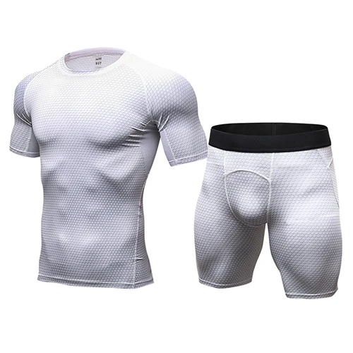 White Top and Short Мужской Быстросохнущий компрессионный костюм комплект для бега фитнес-плотно футболка леггинсы шорты спортивный костюм спортивная мужская спортивная одежда - Цвет: White Top and Short