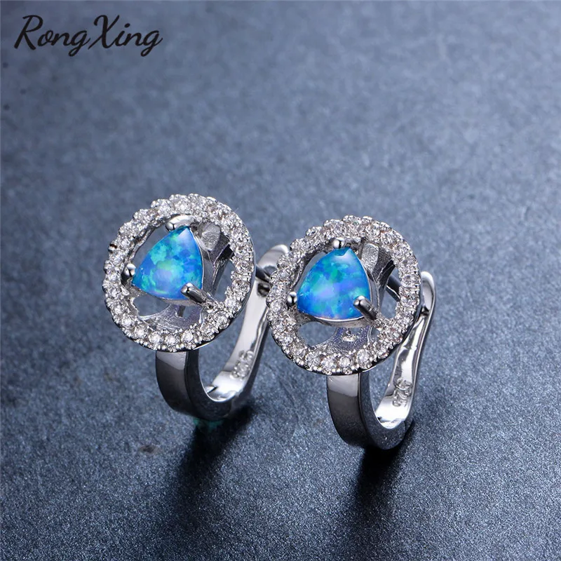 RongXing уникальные треугольные белые/синие серьги-кольца с огненным опалом для