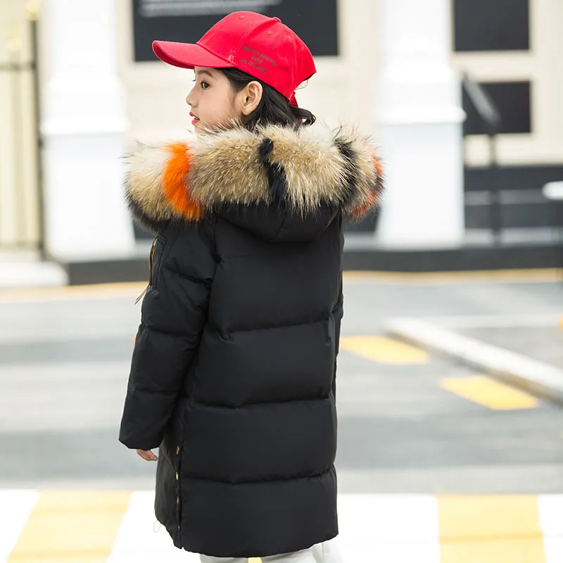 2018 зимние Длинное пуховое пальто для девочек меховой воротник теплая одежда