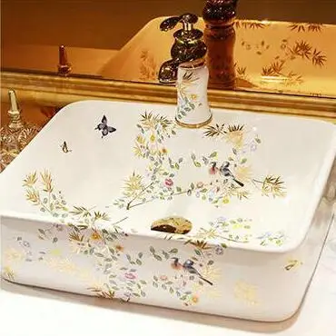 Художественный Умывальник с птицами и золотыми листьями ручной работы