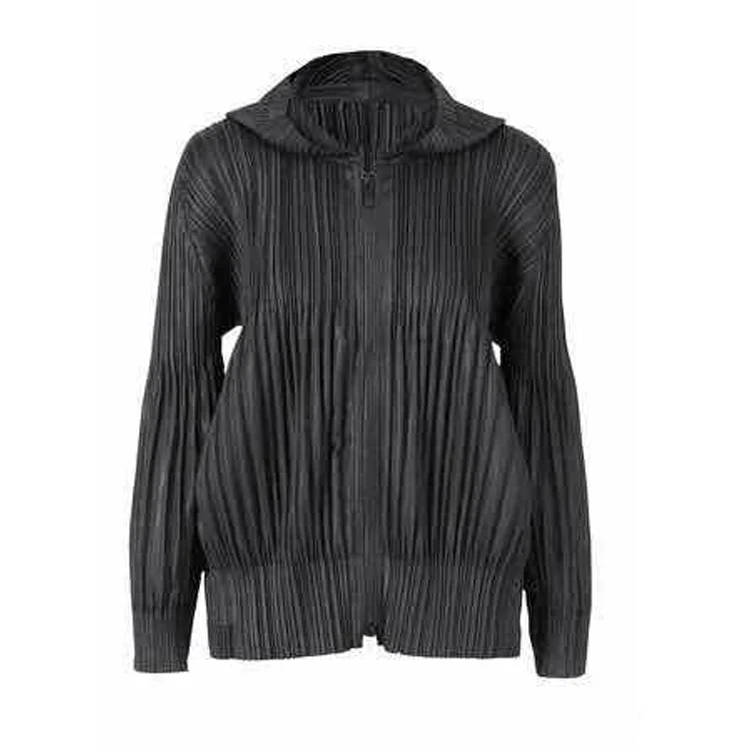 

Changpleat women hooded jacket Coat Miyak Pleated high-end fashion Solid Long Sleeve zipper Female Basic coats Large Size Tide