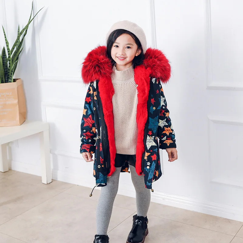 Детские зимние куртки с принтом пальто из натурального меха кролика рекс для
