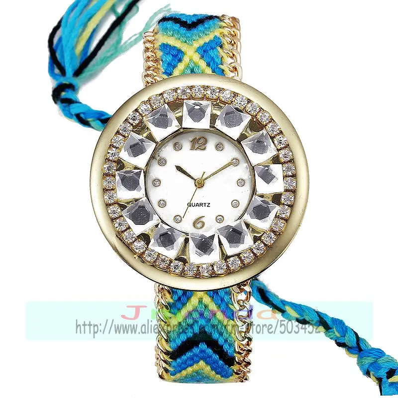 100 шт./лот плетеные часы с большим кристаллом Радужный ремешок модные уникальный