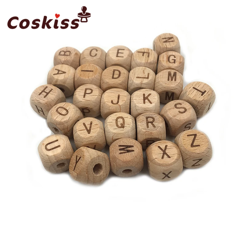 Teething Accessories 100pc Square Shape Beech Wood Letter Beads Crib Toy 12mm Teething DIY Jewelry Beads Baby Teether