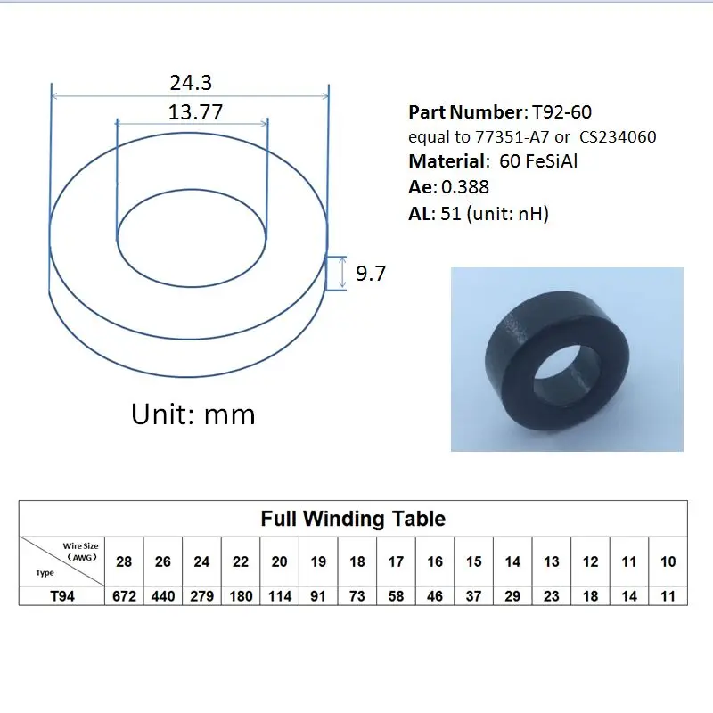 10 шт. Sendust core T92-60 77351-A, CS234060 FeSiAl тороидальный сердечник AL: 51нh/N2 Ae: 0,388