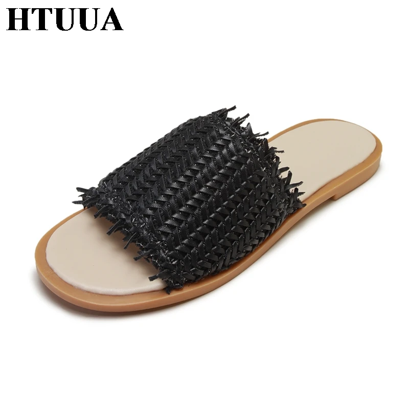 HTUUA/Повседневные плетеные женские тапочки Мягкие Шлепанцы на плоской подошве