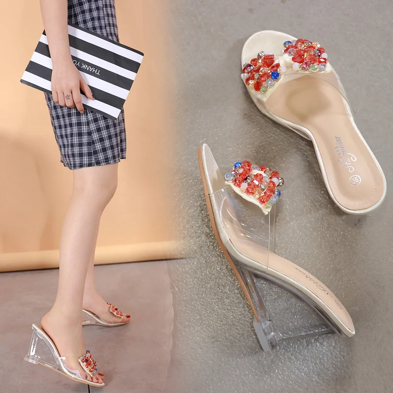 

Crystal Flowers Woman Slippers Transparent Flip Flops Summer Slides High Heels 8.5cm Wedge Slippers Platform Beach Shoes Female