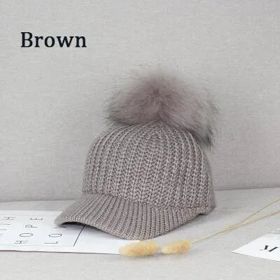 Fashion Big Hairball Baseball Caps for Women and Girl Autumn Winter Warm Knitted Hairy Hats Adjustable Wool Snapback Cap - Цвет: brown