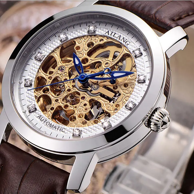 Leather Silver Brown Прохладный скелет для мужчин часы механические с автоподзаводом из натуральной кожи наручные часы Роскошные Кристаллы платье часы полый - Цвет: Leather Silver Brown