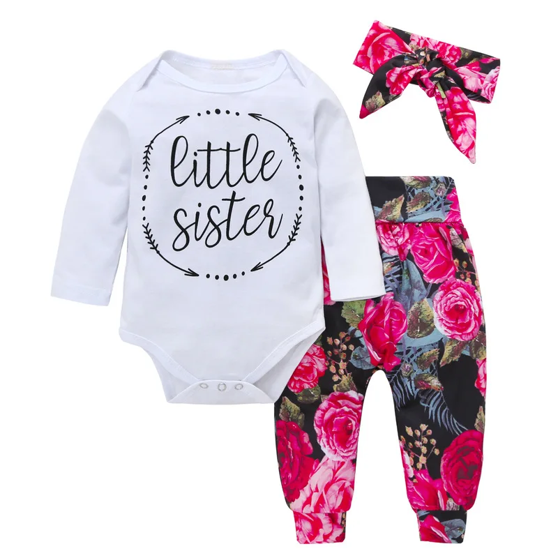 

Newborn Baby Girls Clothes Set Long Sleeves Baby Sister Tops +Pants+Hat Infant Clothing 3pcs suits Baby girl clothing sets