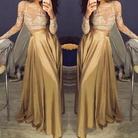 beautiful lace long sleeve gold two piece prom dresses 2021 satin cheap prom gowns sheer golden party gowns zipper back