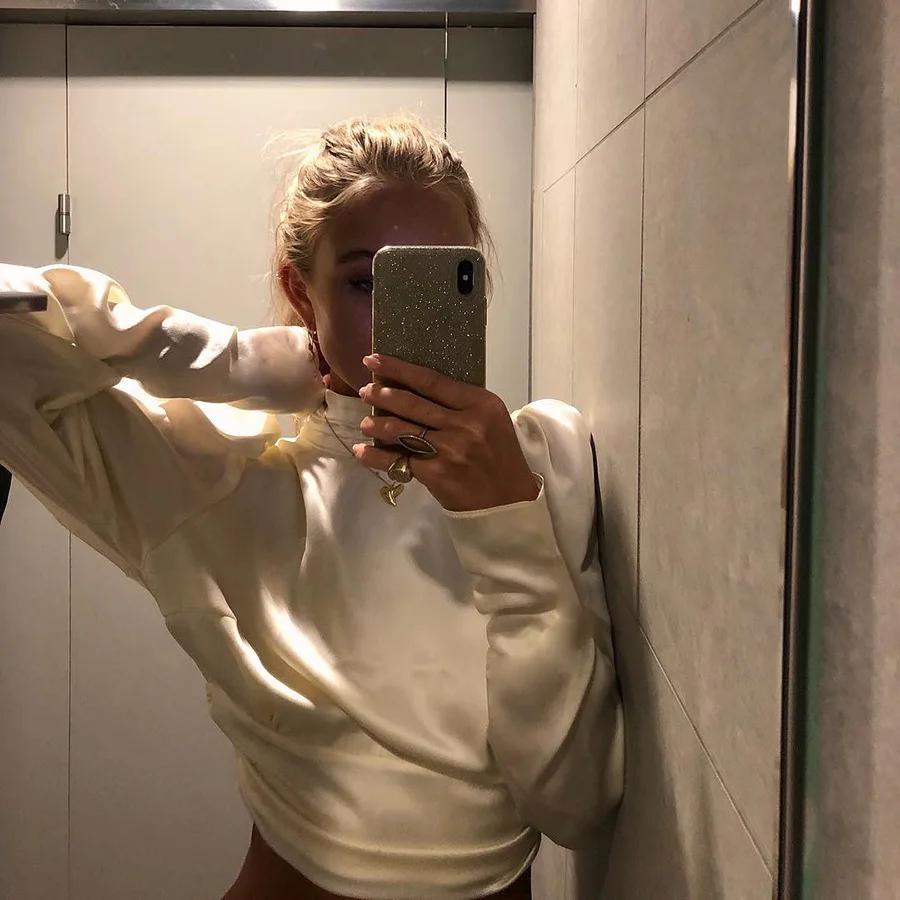 Элегантная Женская атласная блузка с высоким воротником женская открытой спиной