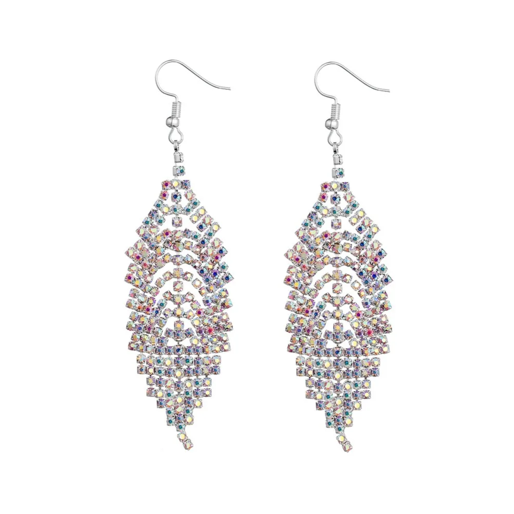 

Mulit Color AB Stones Big Leaf Shape Wedding Bride EarringsCup Chain Rhinestone Earrings