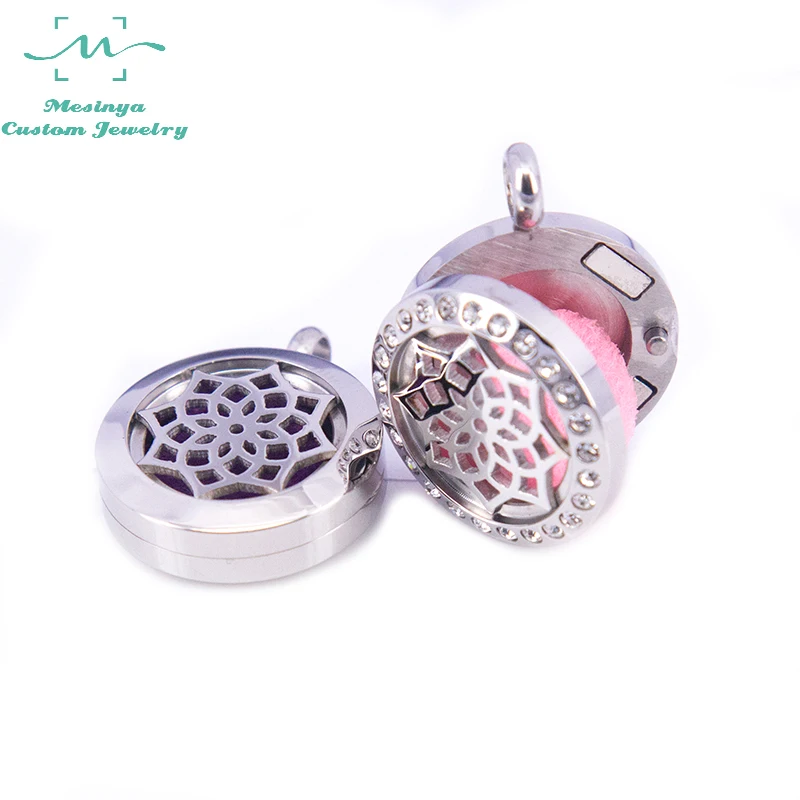 10pcs Mesinya 20mm Yoga Lotus Aromatherapy / Essential Oils Surgical Stainless Steel Diffuser Locket Necklace With Shiny Chain