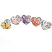 100pcs Wholesale rhinestone enamel breast cancer pink metal ribbon lapel pin heart shape brooch