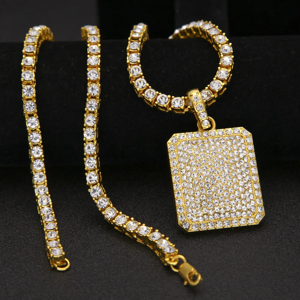 Полный Iced Out Rhinestone цвета: золотистый, серебристый квадратный собака армии Tag кулон теннис цепи хип-хоп Bling Цепочки и ожерелья Jewelry Цепочки и ожерелья s для мужской