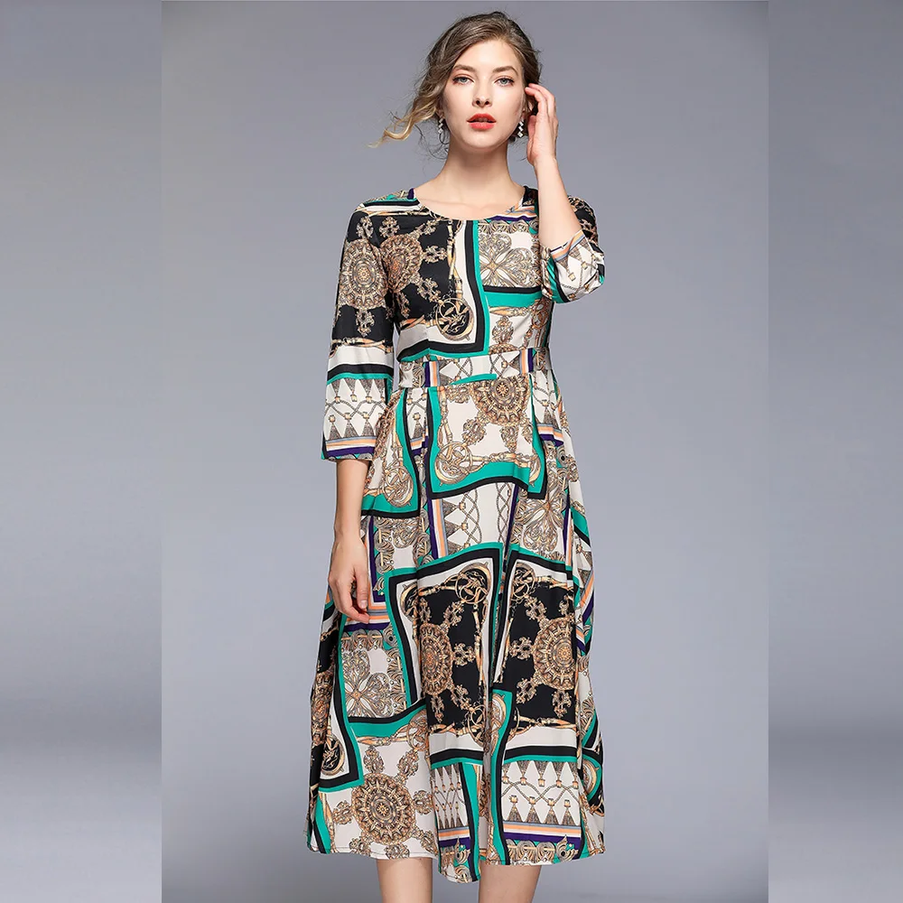 

2019 Summer Elegant O-neck Vintage Print Dresses Women's Fashion Slim Sexy A-Line Vestidos Casual Office Party Long Dress