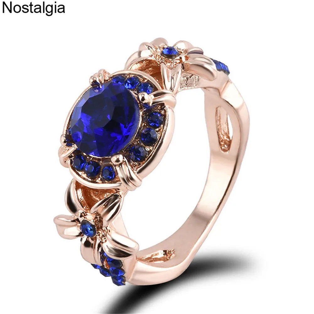 Ностальгия синие красные стразы розовое золото цветочное кольцо камни и