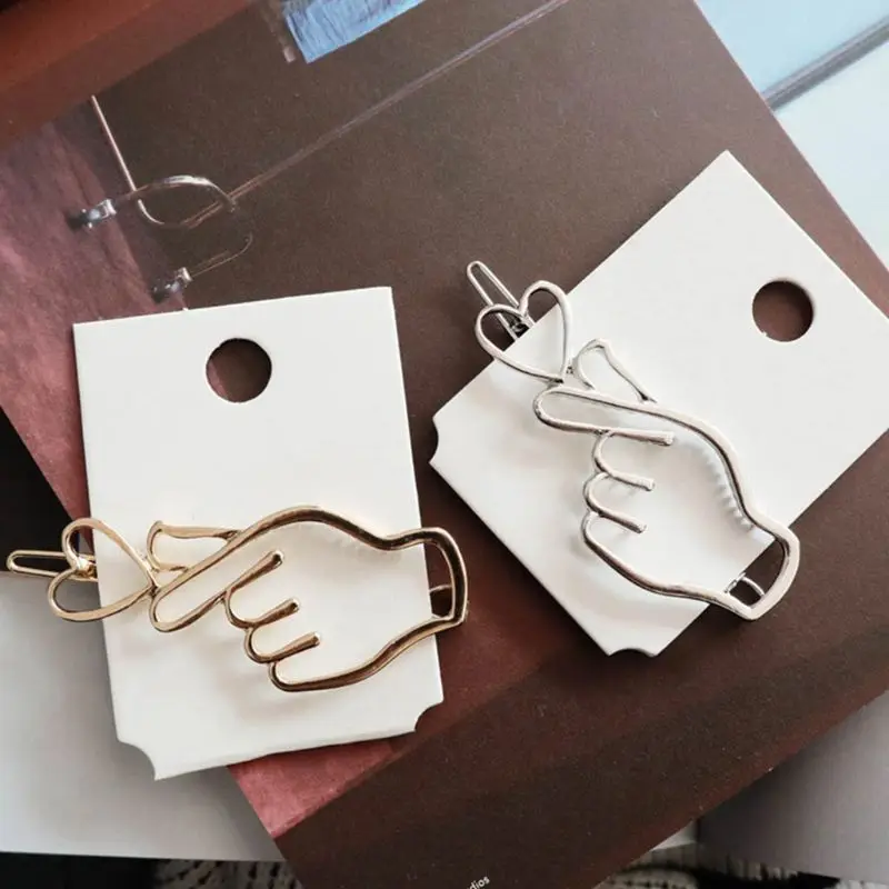 Korean Creative Finger Heart Shaped Bobby Pins Women Girls Polished Metallic Gold Silver Hair Clips Hollow Geometric Barrettes| |