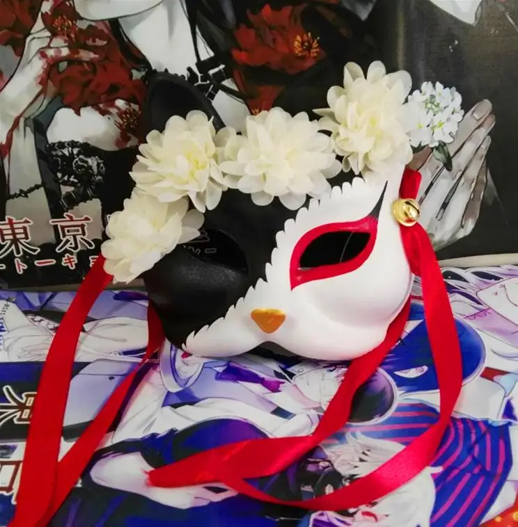 style2 Ручной росписью половина Уход за кожей лица японский лиса ПВХ Kitsune маска с шифоновым цветком ленты маскарадные карнавальные маски Косплэй Хэллоуин - Цвет: style2