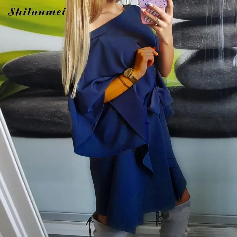 Fashion Women Chiffon Dress Spring Autumn Strapless Casual Solid Loose Batwing Sleeve Mini With Belt Irregular Beach | Женская одежда