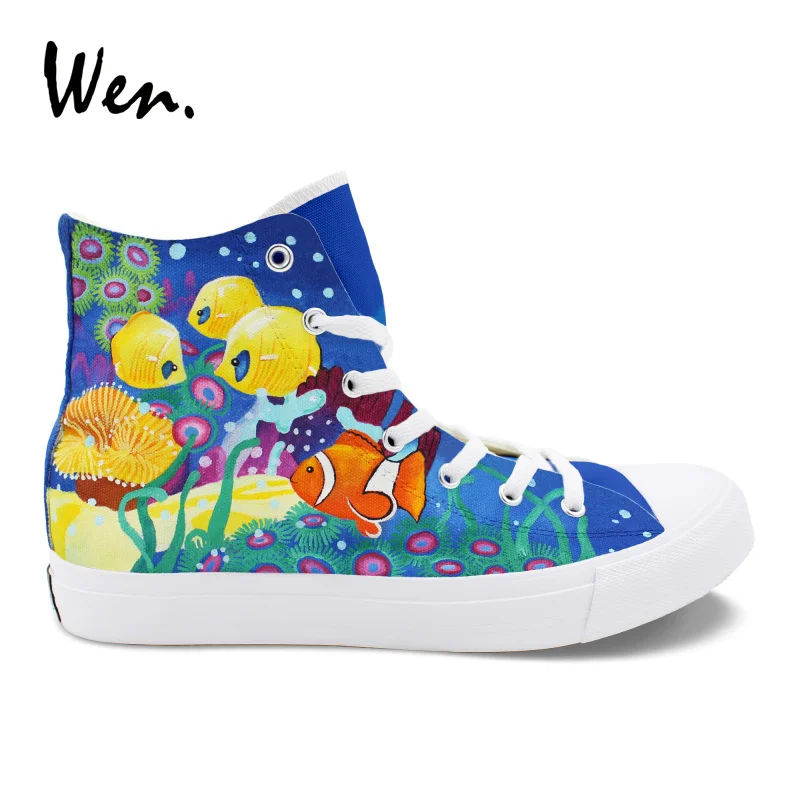 

Wen Hand Painted Vulcanized Flat Shoes Original Design Sea Creatures Coral Clownfish Nemo Canvas Women Men Sneakers High Sapato