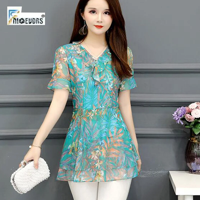 Chiffon Blouse Shirts Women Summer Flare Sleeve Cute Sweet Office Lady Work Floral Printed Tunic Peplum Top J36 | Женская одежда
