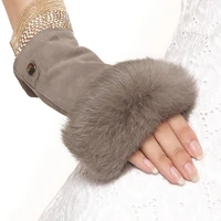 fashion finger less mittens real genuine leather suede women gloves solid wrist rabbit fur lady fingerless mitten el019nc