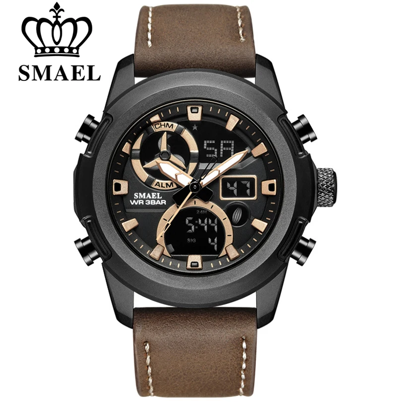 

SMAEL Mens Fashion Sport Watches Men Quartz Analog LED Digita Watch Man Leather Date Military Waterproof Clock Relogio Masculino