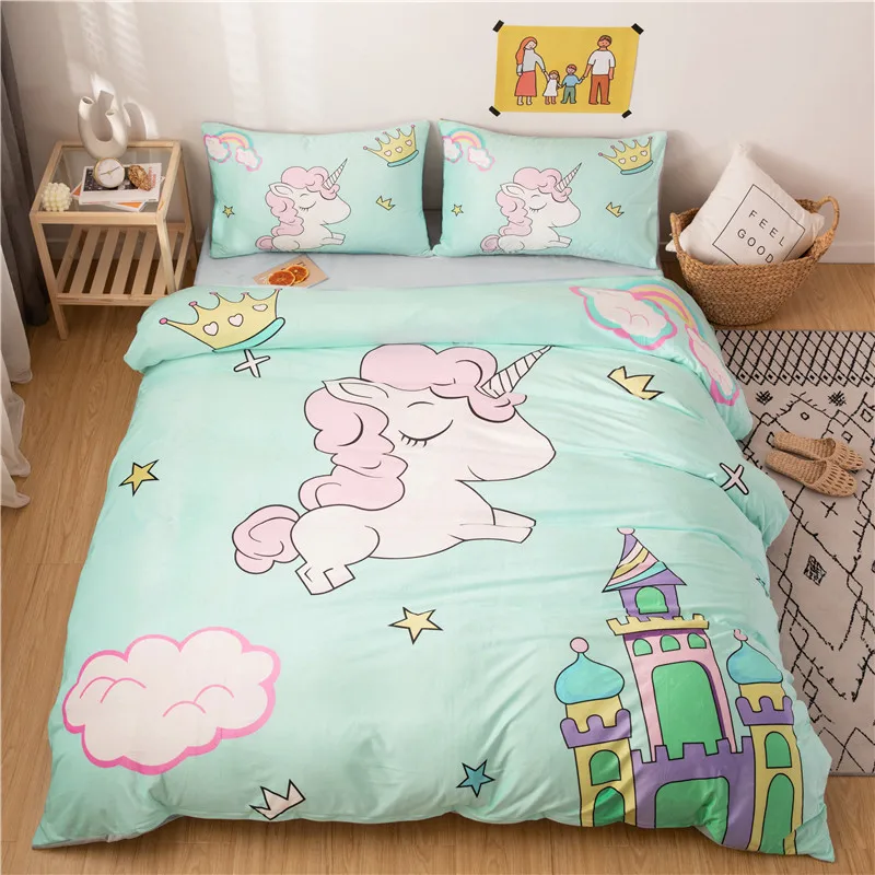 Cartoon Unicorn Dinosaur Printing Fleece Fabric Girl Child Bedding Sets Velvet Flannel Duvet Cover Bed sheet/Linen Pillowcases | Дом и сад