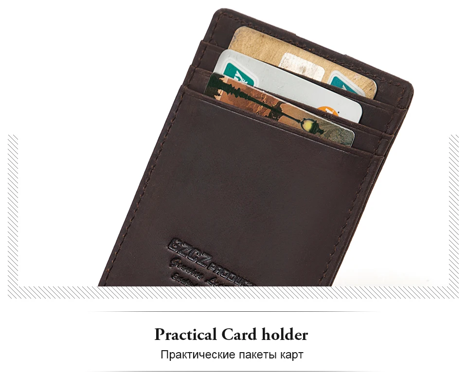 GZCZ Hot! Genuine Crazy Horse Cowhide Leather Money Clips High Quality Rfid Wallets Fashion Mini Purses Vintage Men Wallet Walet