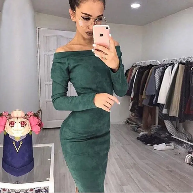 Slim Fit сексуальная сумка Хип платье осень-зима замши с длинным рукавом открытыми