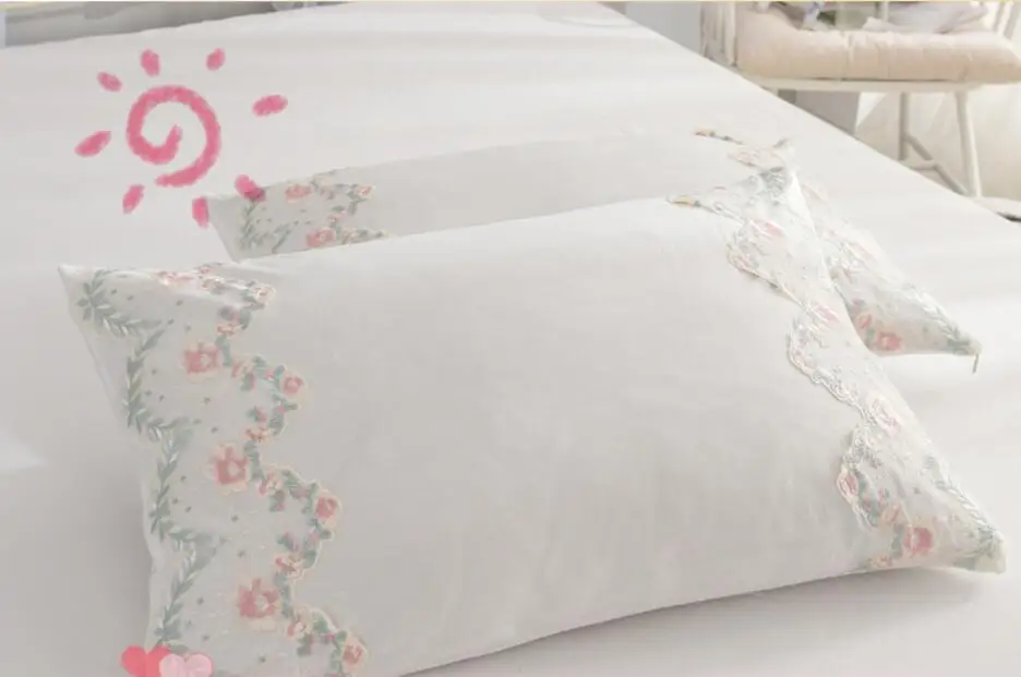 Solid Color Lace Bedding Set 4Pcs Romantic Wedding Princess Bedclothes Bedspread Cotton White Duvet Cover Bed Skirt Pillowcases | Дом и сад