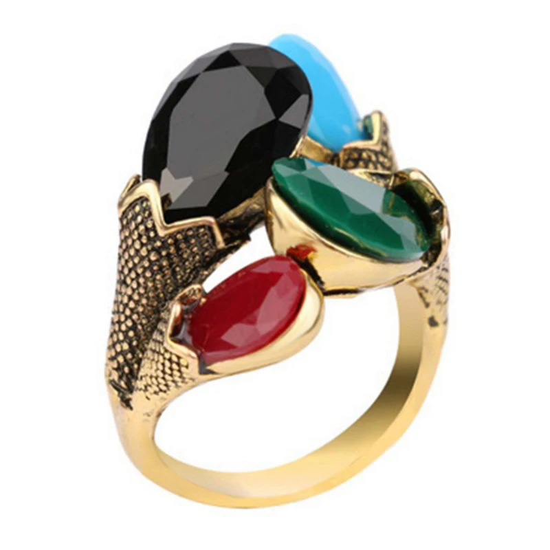 

Fashion 2018 Vintage Ring Antique Gold Color Mosaic Colorful Resin Rings For Women Turkish Jewelry