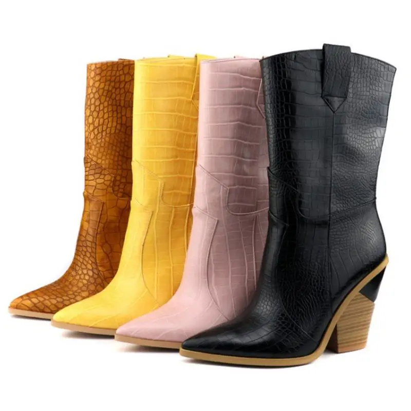 Женские сапоги на высоком каблуке с острым носком до середины икры|Сапоги голени|