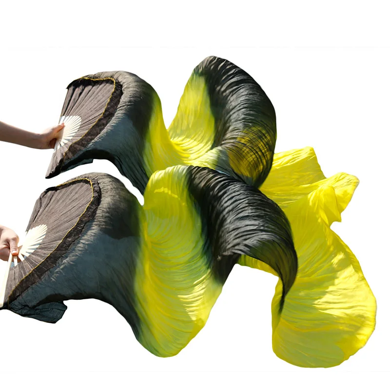 1 Pair Dance Fans Bamboo Ribs Natural Silk Stage Performance Props Dye Women Belly Fan black+yellow+black+yellow | Тематическая