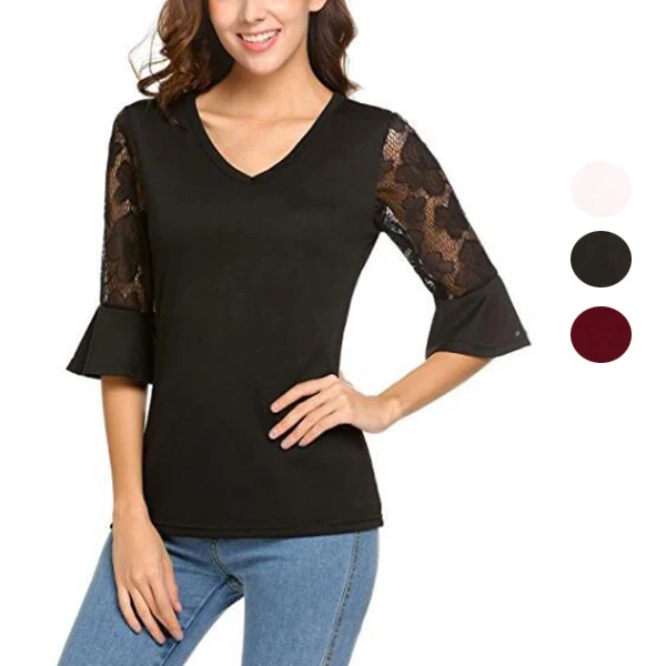 Женские кружевные рукава 3/4 лоскутные шифоновые облегающие топы с v-образным