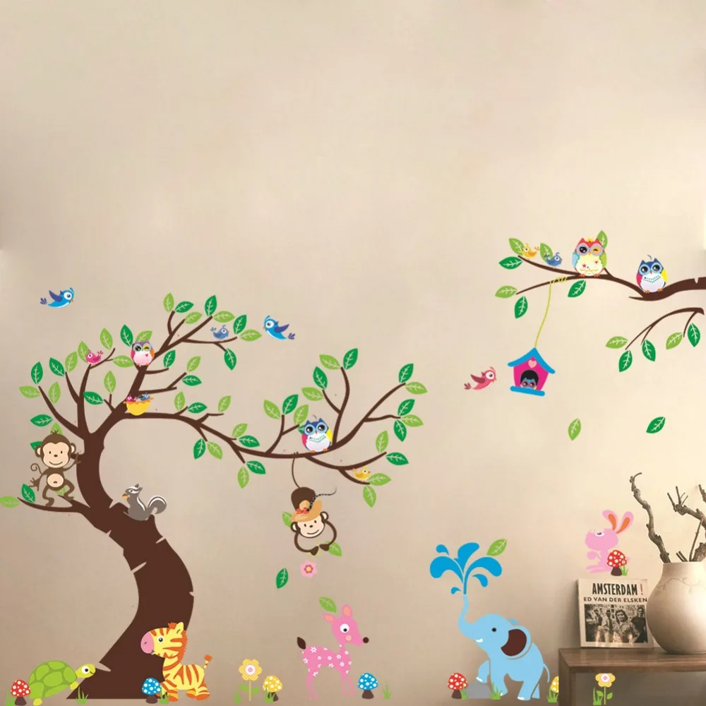 Джунгли Обезьяна Сова Животные Дерево наклейки на стену съемные детский Декор