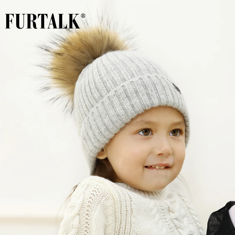 Furtalk родитель-ребенок зимние кроличий мех с помпончиками шапки для детей женская утепленная вязать Skullies шляпа шапочка для девочки