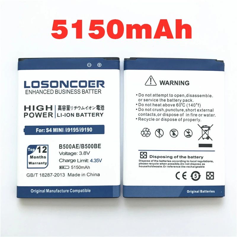 100% оригинал LOSONCOER 5150mAh B500BE B500AE батарея для Samsung S4 Mini i9192 i9190 i9198 S4mini i9195 батареи