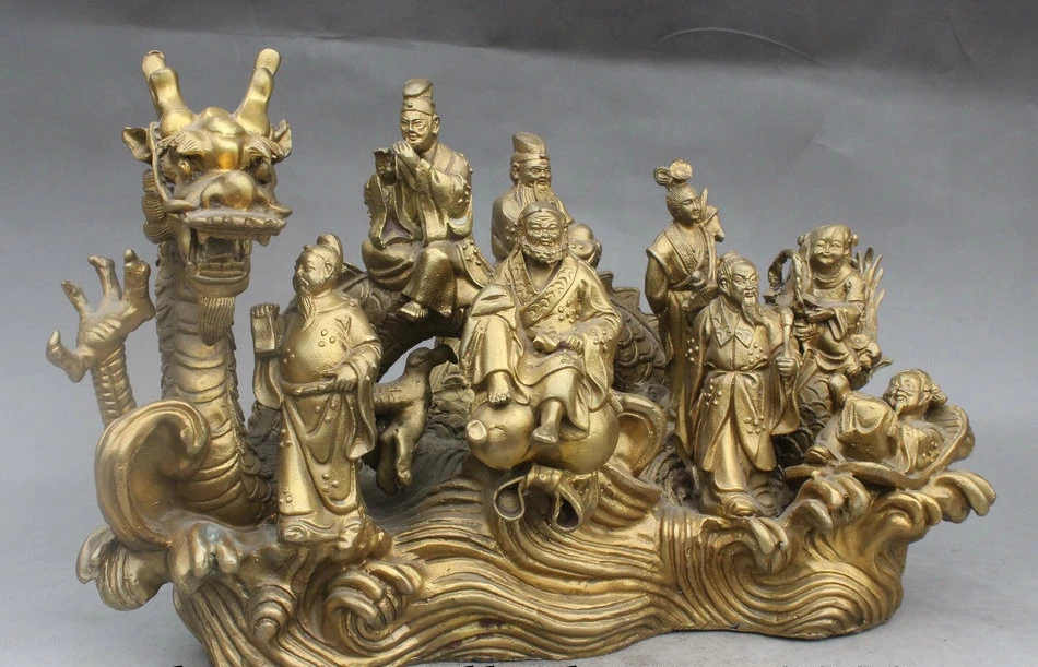 14 Chinese Folk Myth Brass Eight Immortal God Ride Dragon Crossing River Statue | Дом и сад